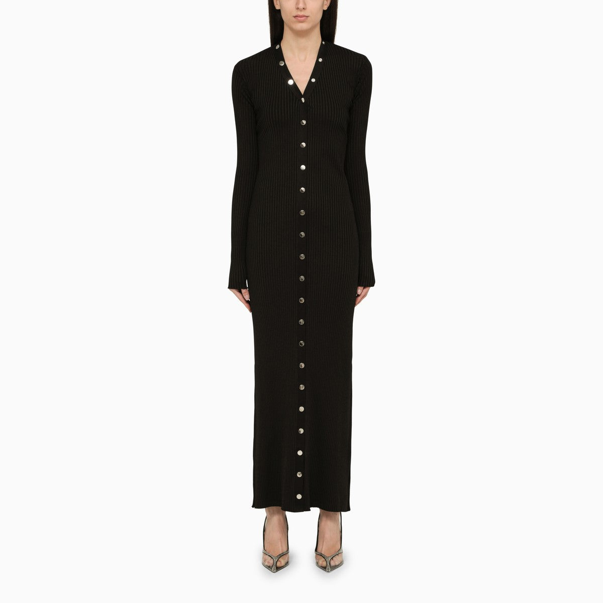 The Attico Black Stretch Viscose Long Cardigan with Snap Button Detail Black