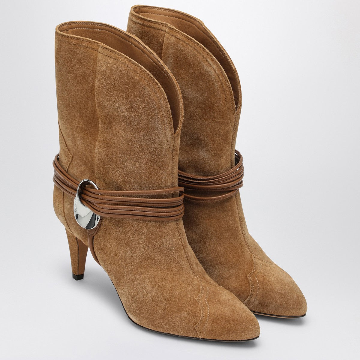 Isabel Marant Low Suede Pointed Boots with Leather Jewel Loops Brown