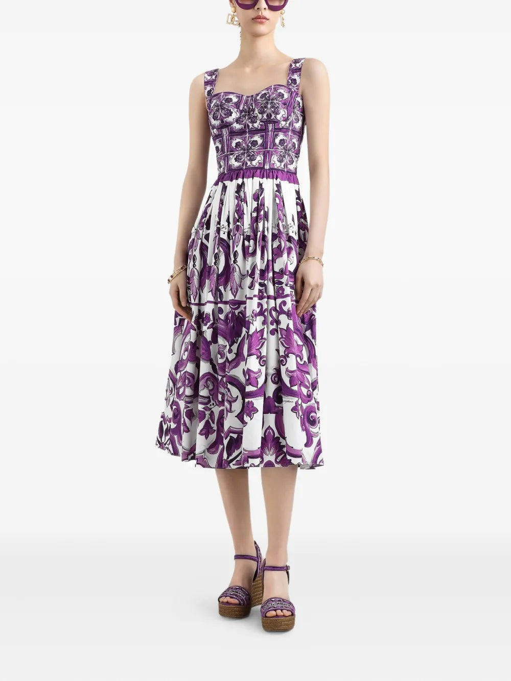 Robe midi en popeline à imprimé majolique violet