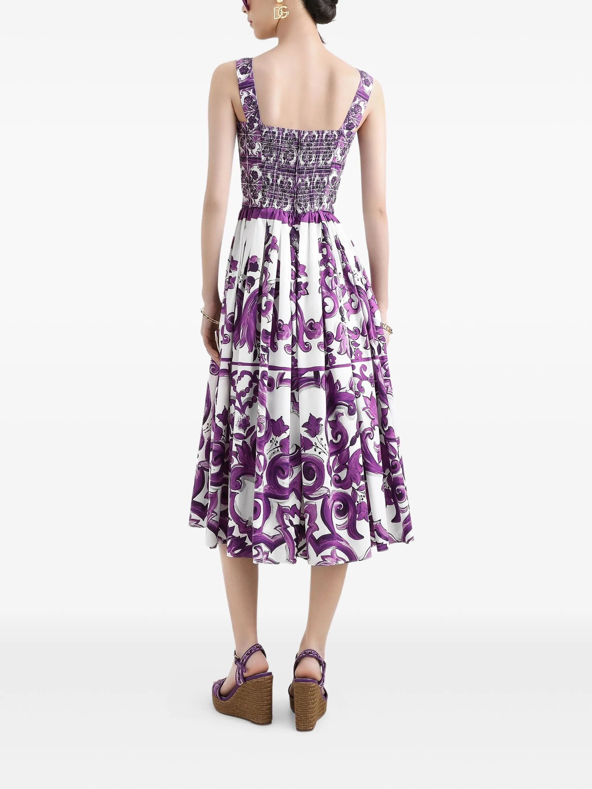 Robe midi en popeline à imprimé majolique violet