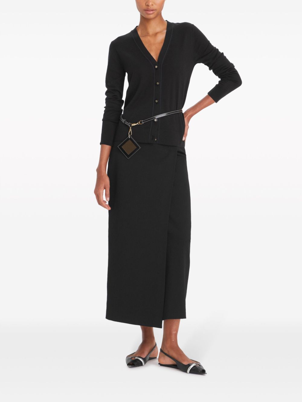 Tory Burch Fine Knit Wool-Silk V-Neck Cardigan Black