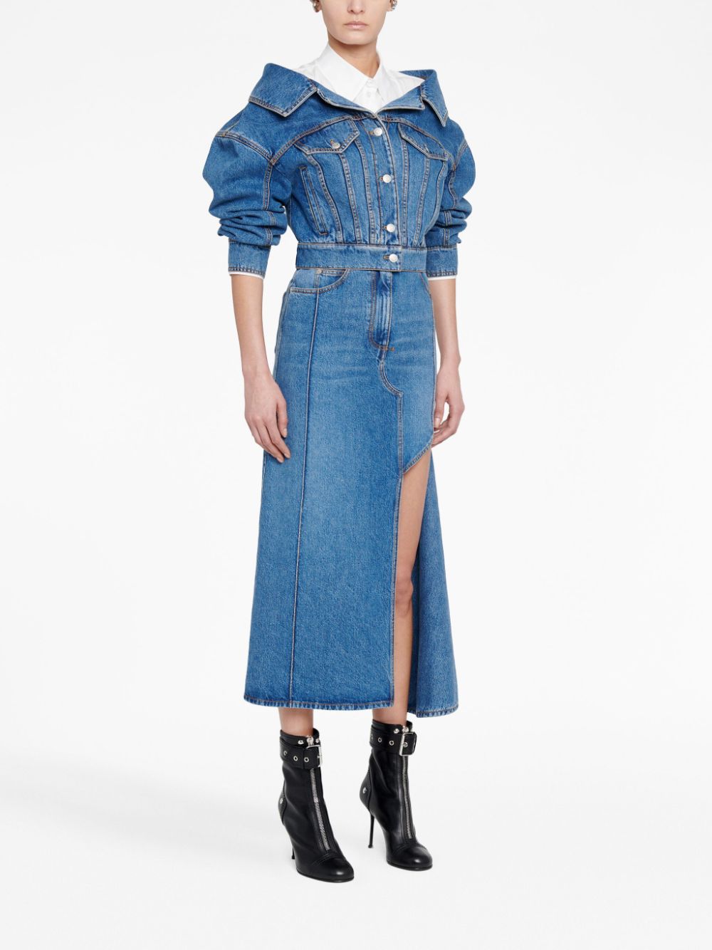 Alexander McQueen Denim Midi Skirt with Slashed Detailing Blue