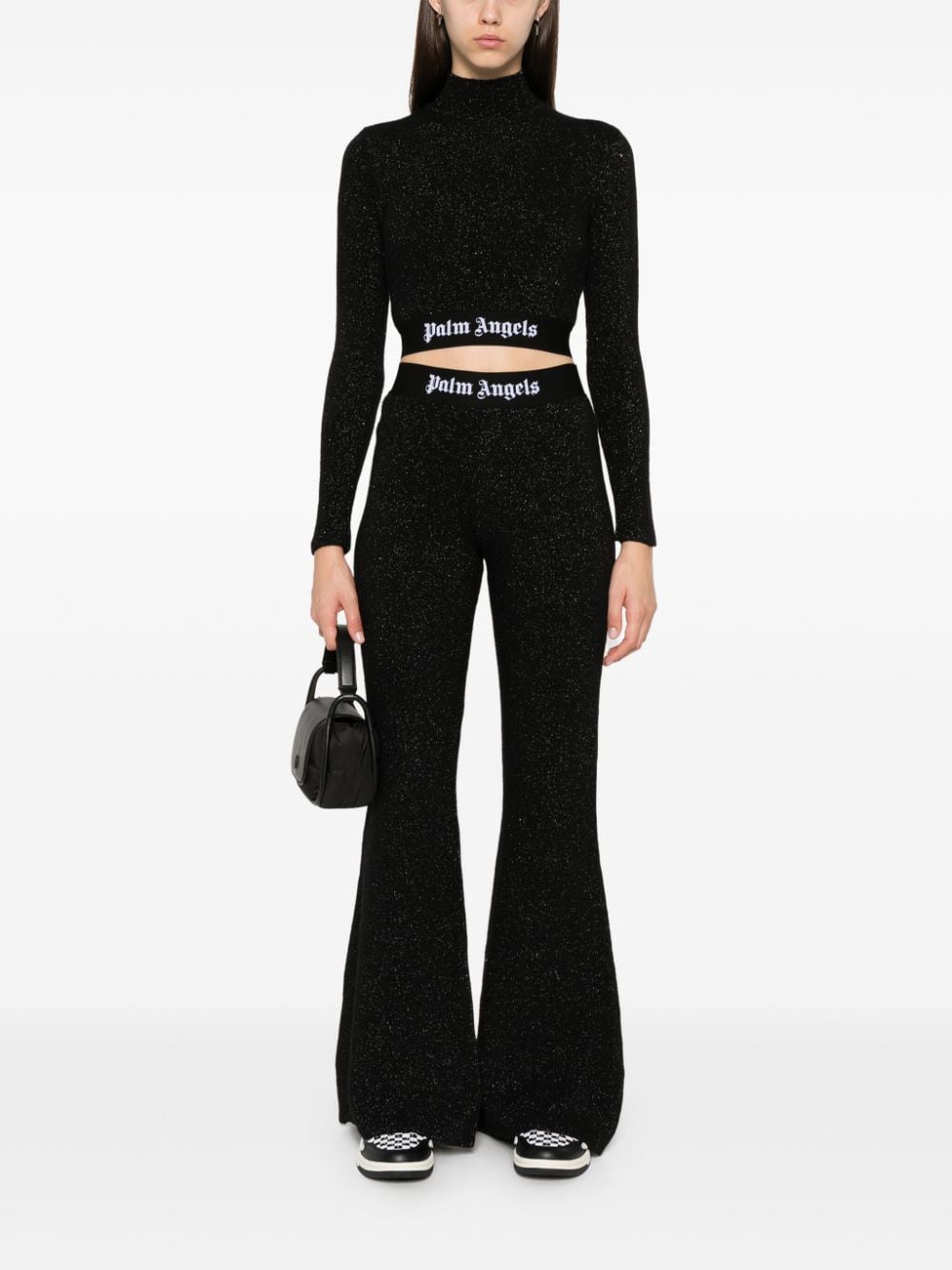Palm Angels Knitted Flared Trousers with Lurex and Logo Tape Black