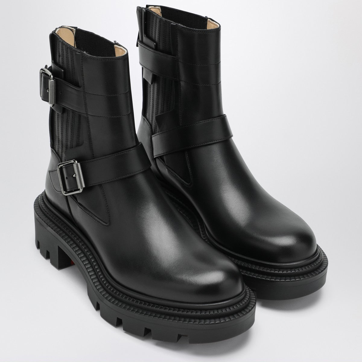 Christian Louboutin Black Leather Biker Boots with Adjustable Straps and Signature Red Sole Black