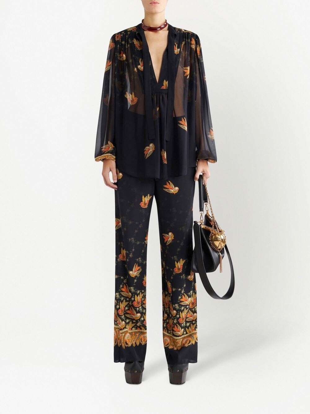 Etro Paisley-Print Straight Silk Trousers Black black