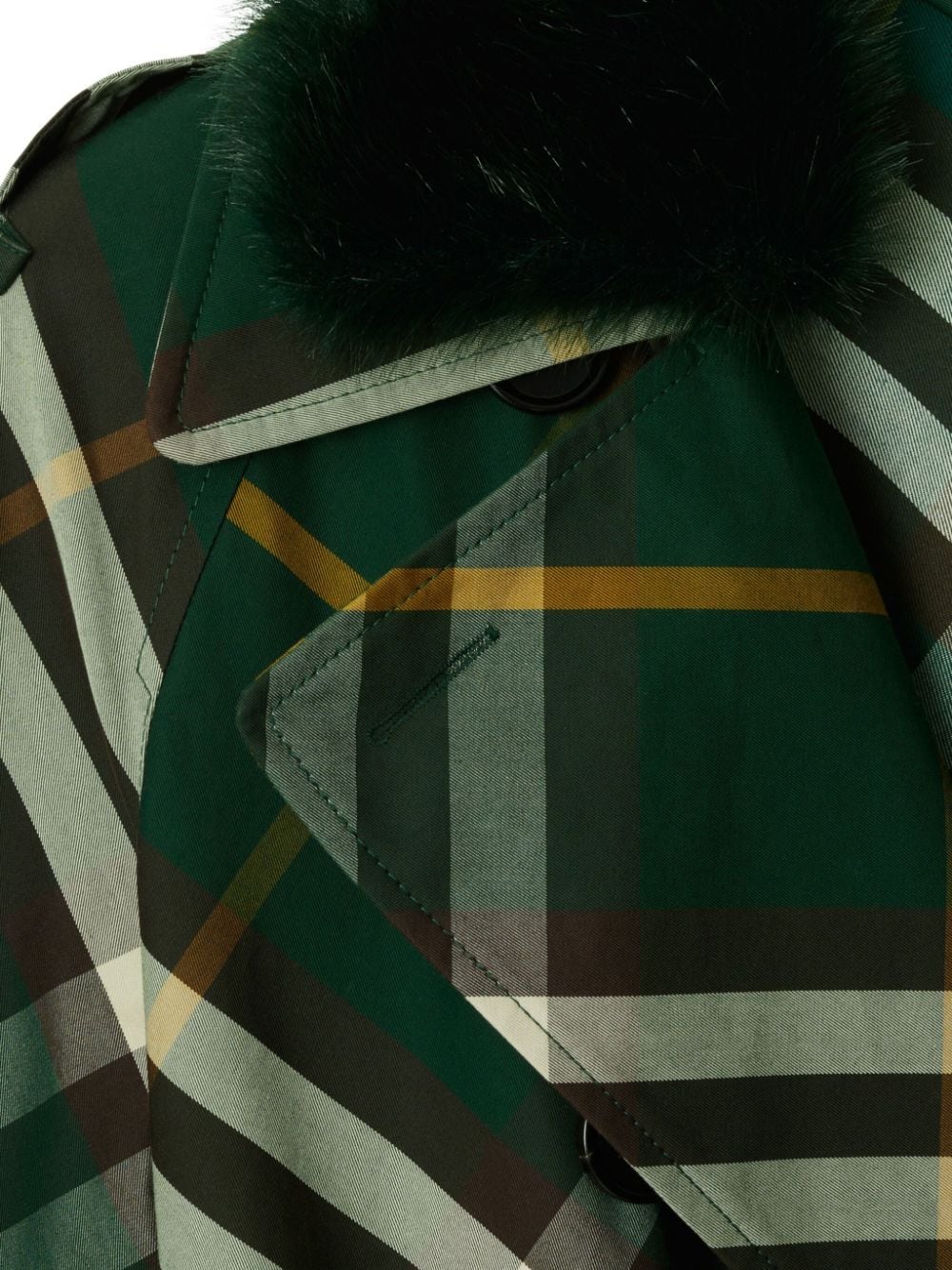 Burberry Check Cotton Shearling Collar Double-Breasted Coat Green