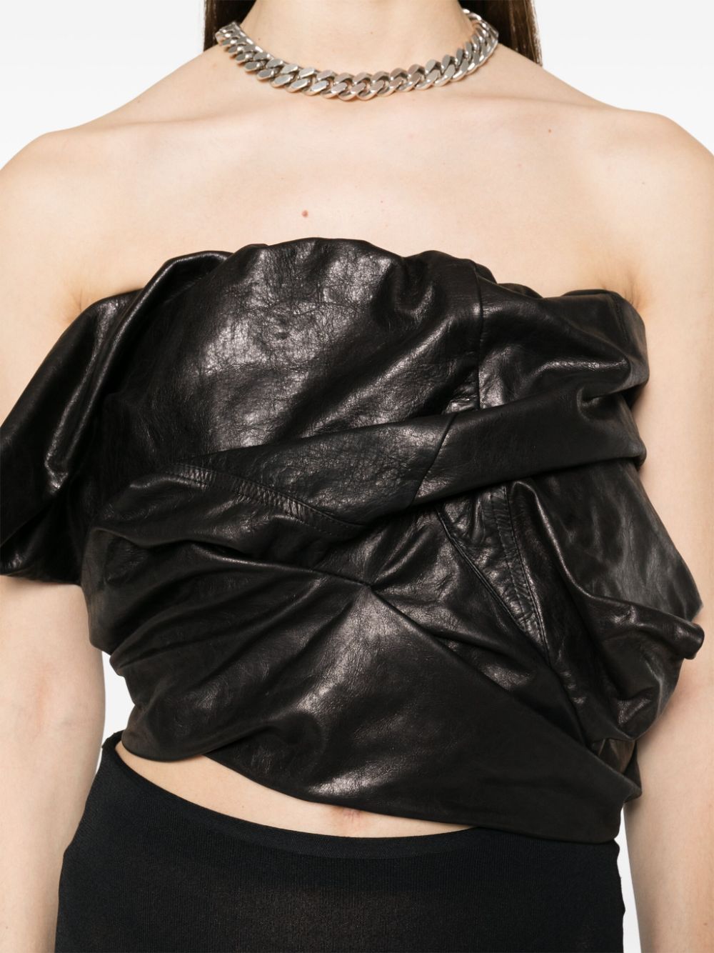 Draped Design Asymmetric Leather Bustier Black