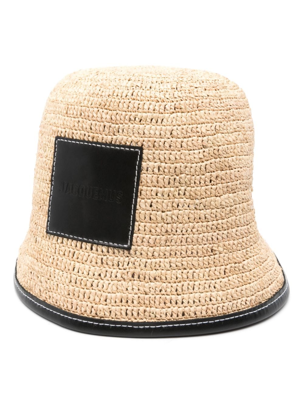 JACQUEMUS Raffia Wide-Brimmed Hat with Leather Logo Patch Black