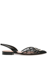 Malone Souliers Flat Black Mesh Floral-Embroidered Slingback with Crystal Buckle Black