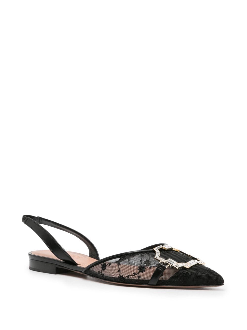 Malone Souliers Flat Black Mesh Floral-Embroidered Slingback with Crystal Buckle Black