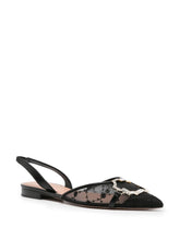 Malone Souliers Flat Black Mesh Floral-Embroidered Slingback with Crystal Buckle Black