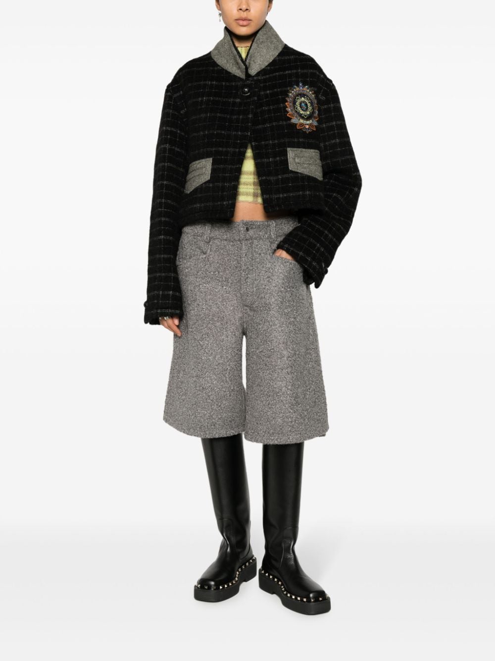 Etro Cropped Checked Wool-Blend Embroidered Jacket Black