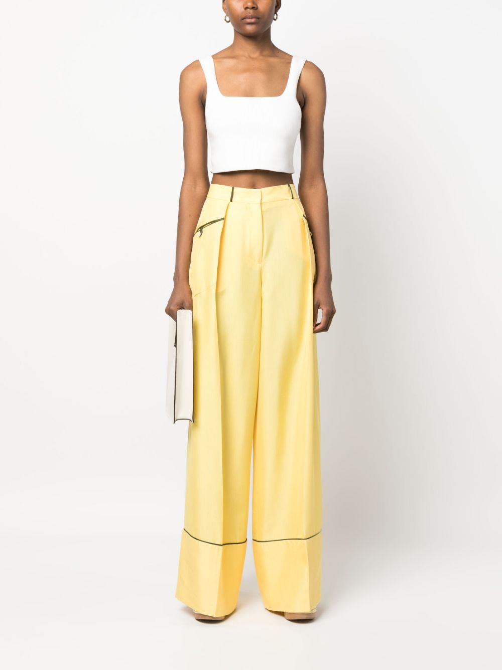 Bally Wide-Leg Silk-Lambskin Contrasting Trim Trousers Yellow