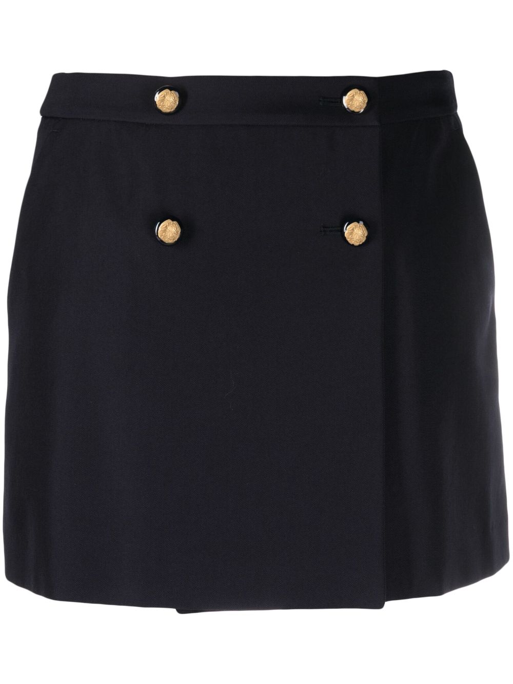 Alexander McQueen Wool-Cotton Twill Mini Wrap Skirt with Gold Buttons Blue