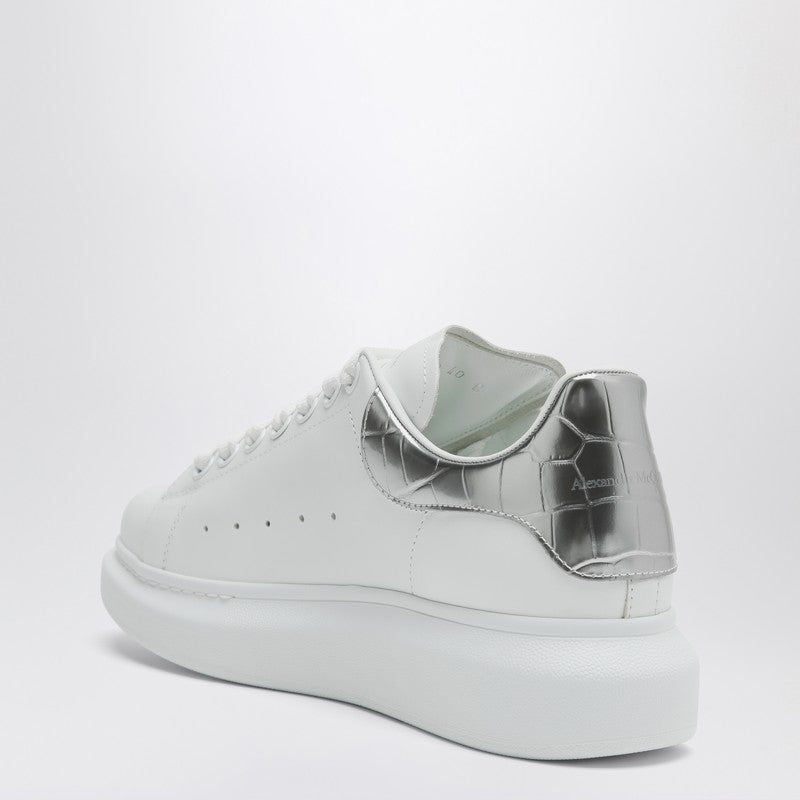 Alexander McQueen Oversized White Leather Sneakers with Silver Croc-Effect Heel White