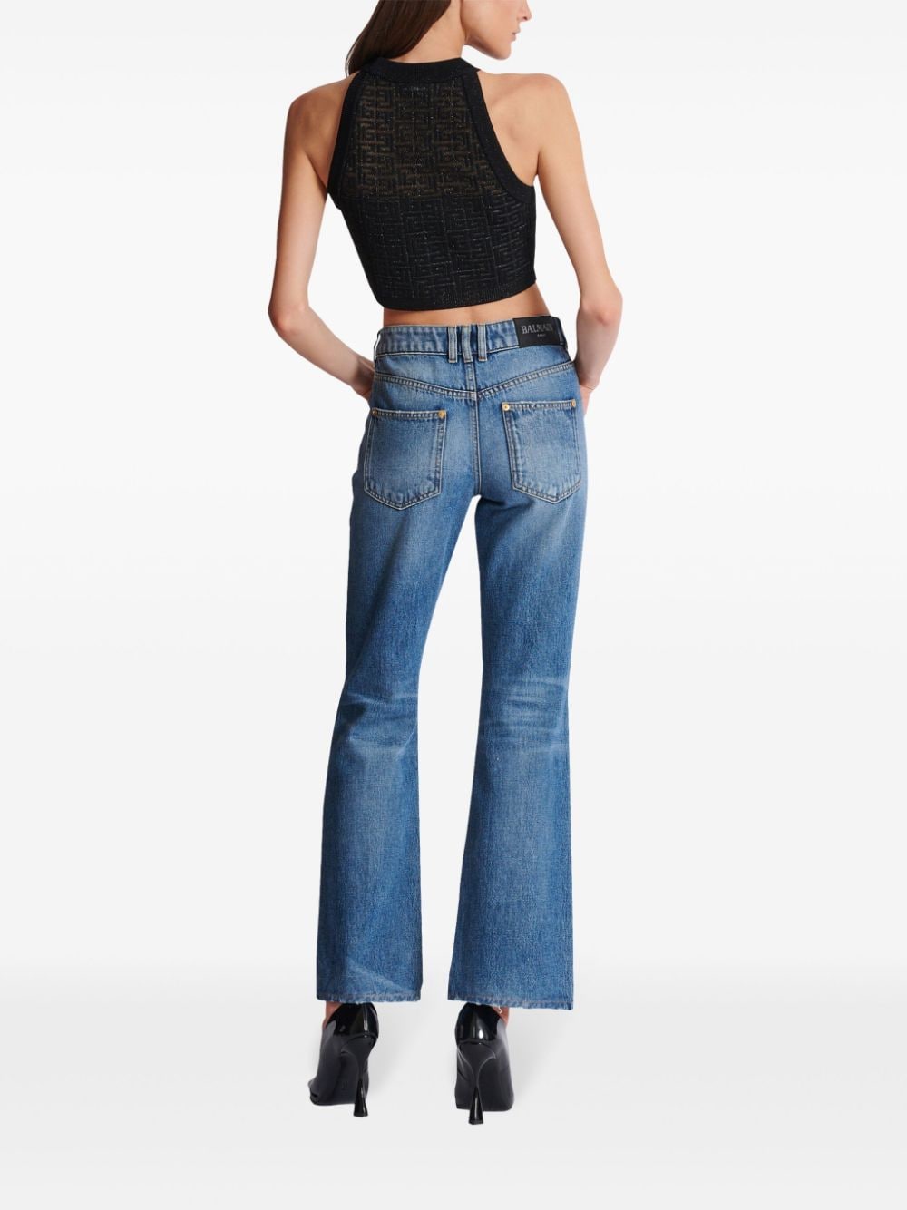 Balmain Open-Knit 4G Motif Cropped Halterneck Top Black