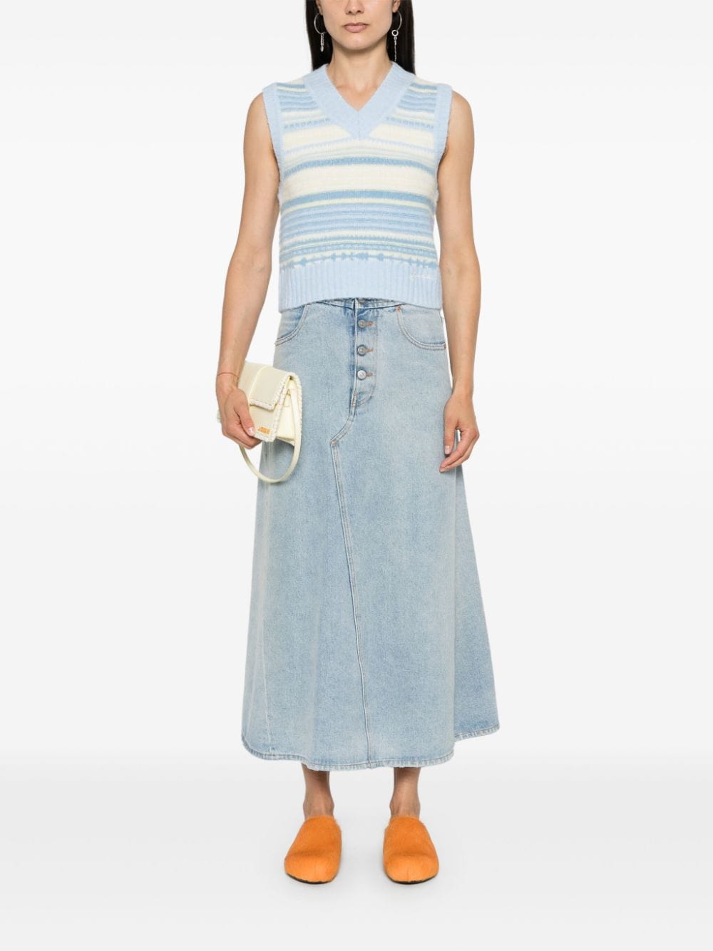 Ganni Striped Sleeveless Merino Wool-Blend Sweater Vest Clear Blue