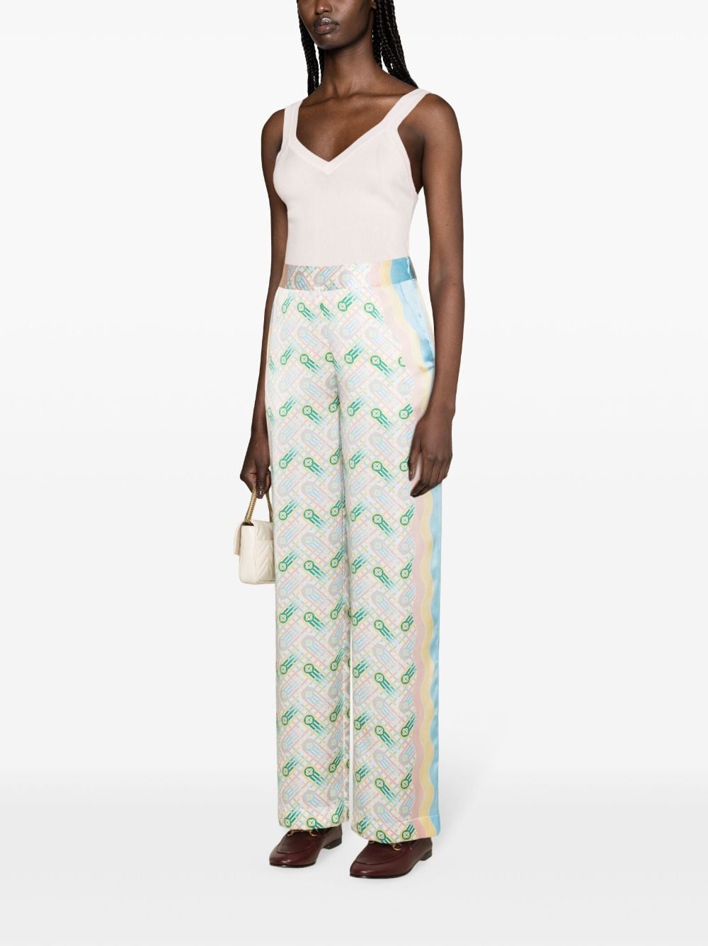 Casablanca High-Waisted Silk Satin Ping Pong Print Trousers Multicolor