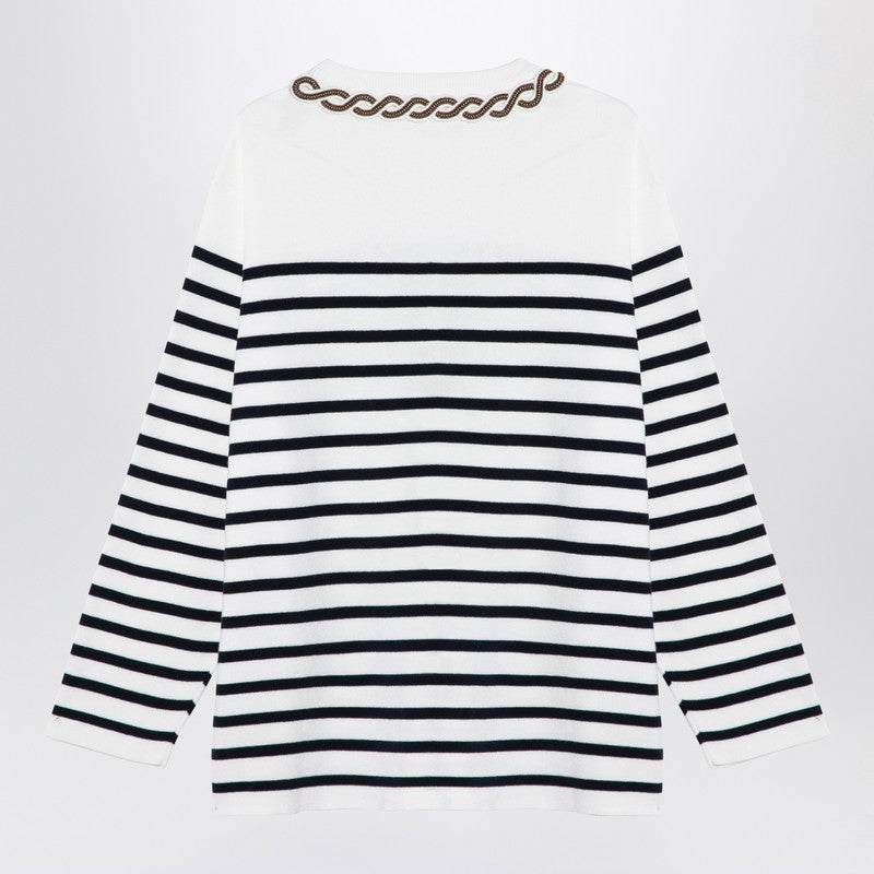 Valentino Ivory and Navy Striped Jersey Cotton Top with Braid Embroidery Blue