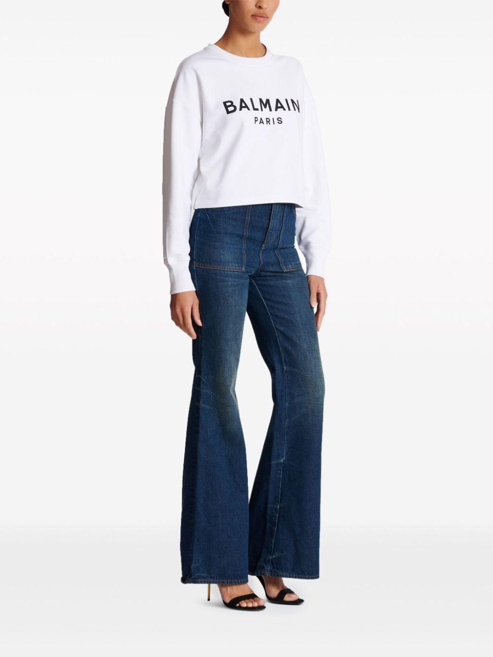 Balmain Logo-Print Organic Cotton Cropped Sweatshirt White