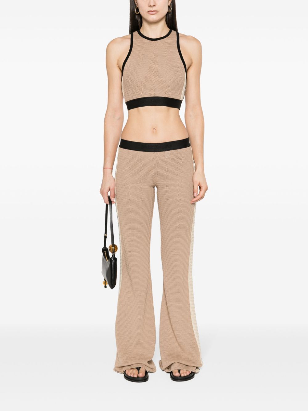 Palm Angels Flared Crochet-Knit Cotton Trousers Beige Beige