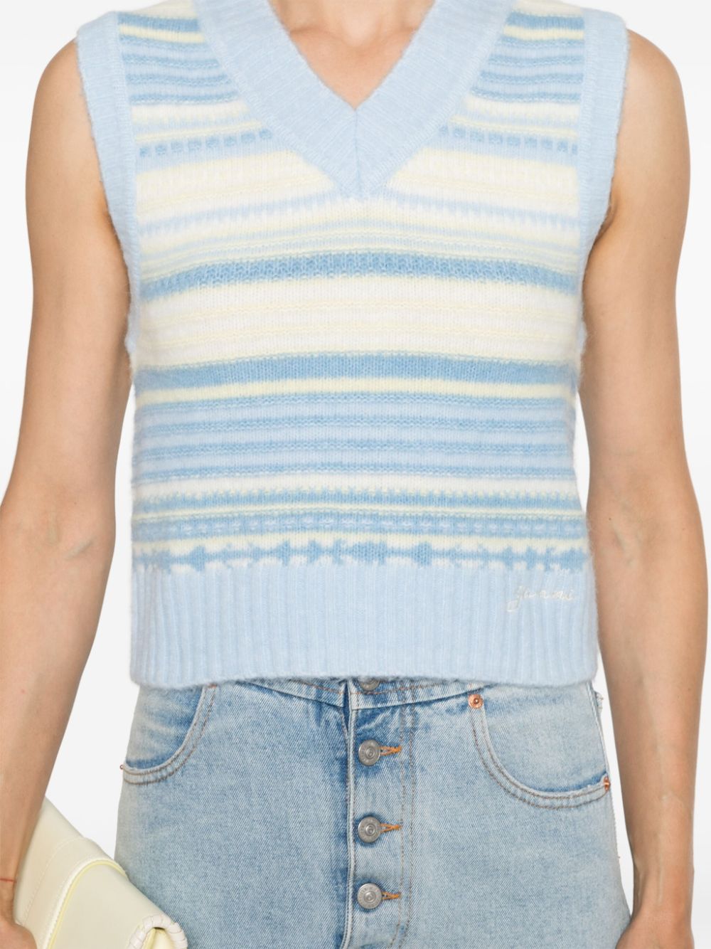 Ganni Striped Sleeveless Merino Wool-Blend Sweater Vest Clear Blue