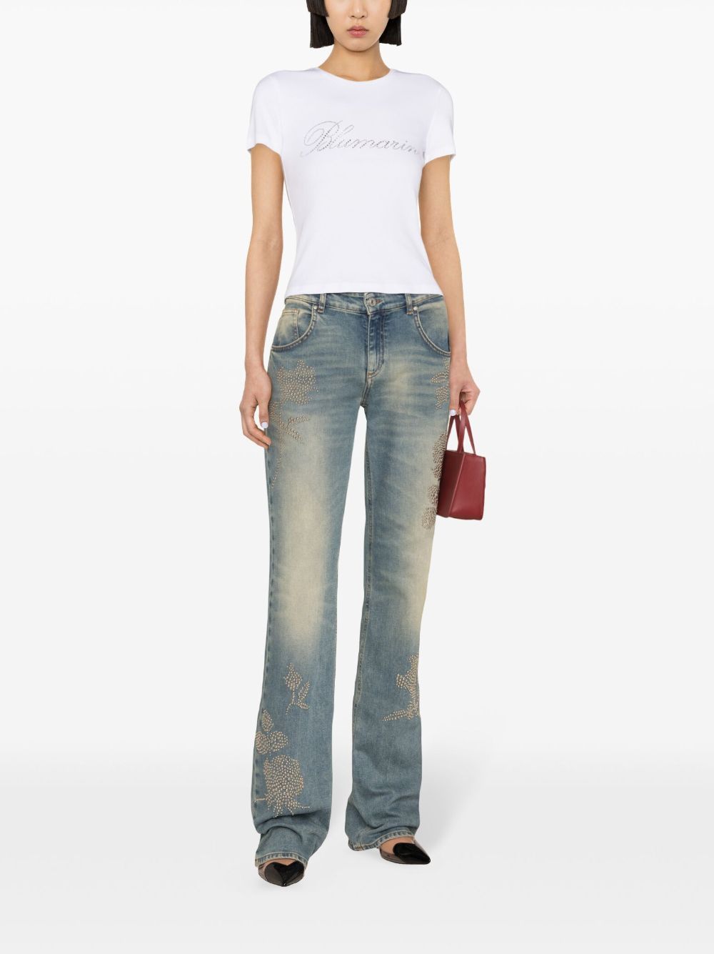 Blumarine Rhinestone-Logo Cotton Jersey T-Shirt White White