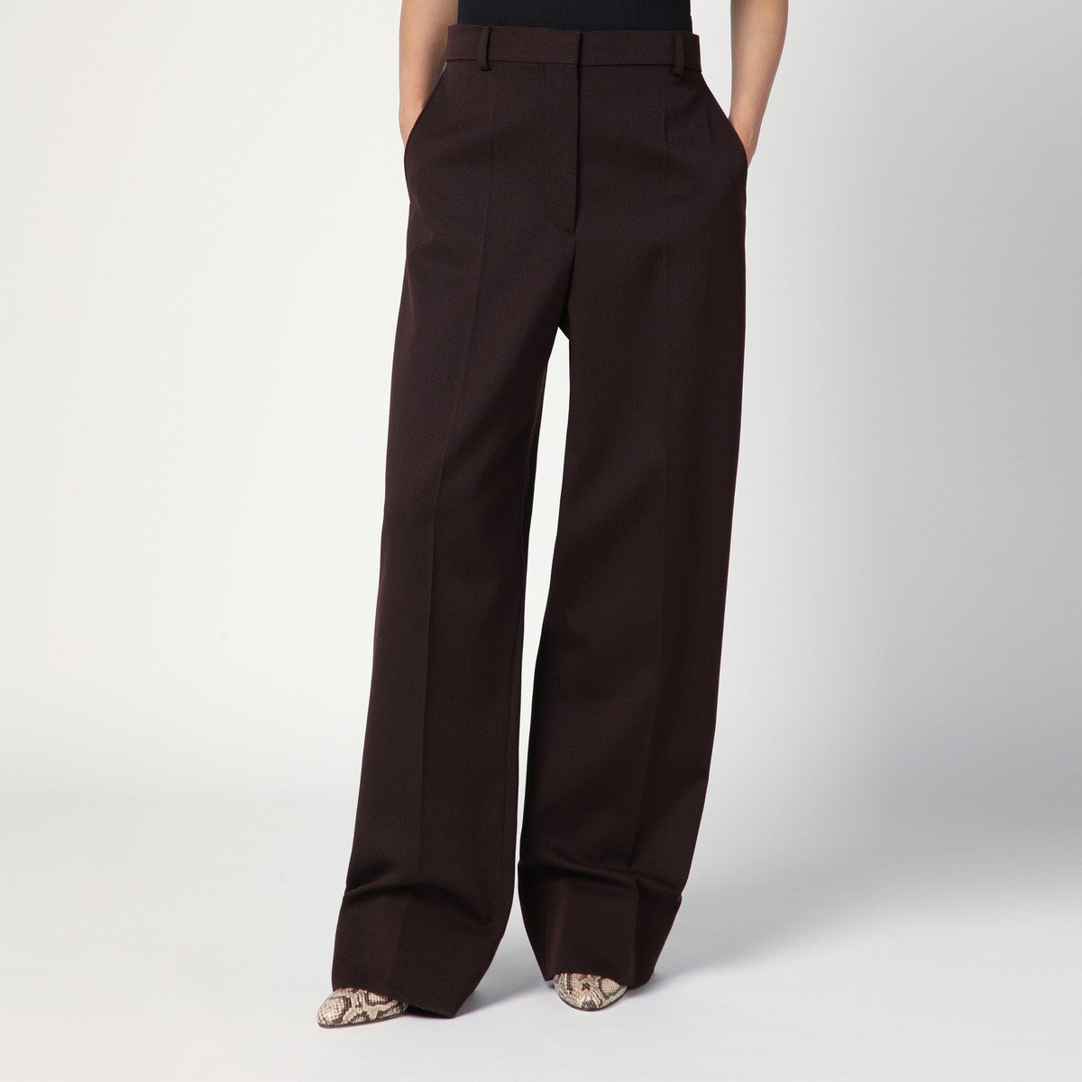 Stella McCartney Plum Wool Straight-Leg Trousers with Low-Rise and Crease Detail Brown