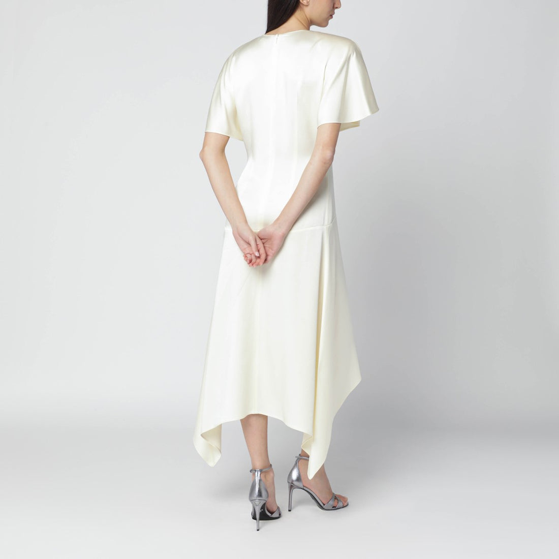 Stella McCartney Butter Satin Midi Dress with Asymmetric Hem White