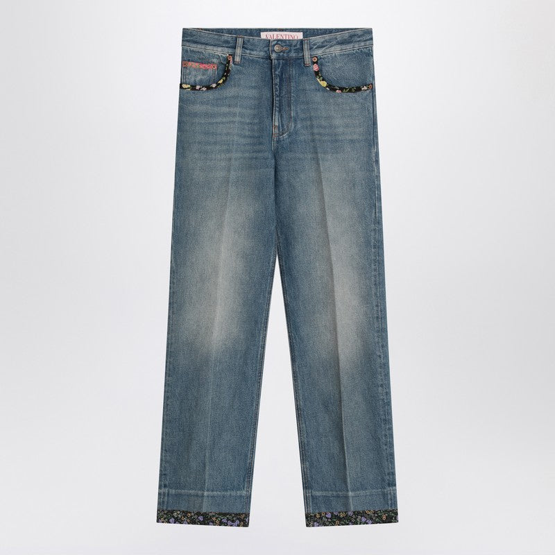 Valentino Washed blue denim jeans with floral trims blue