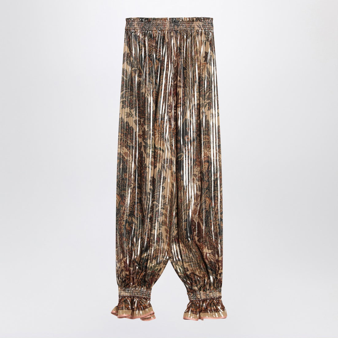 Valentino Pleated Metallic Silk-Blend Floral Trousers Beige