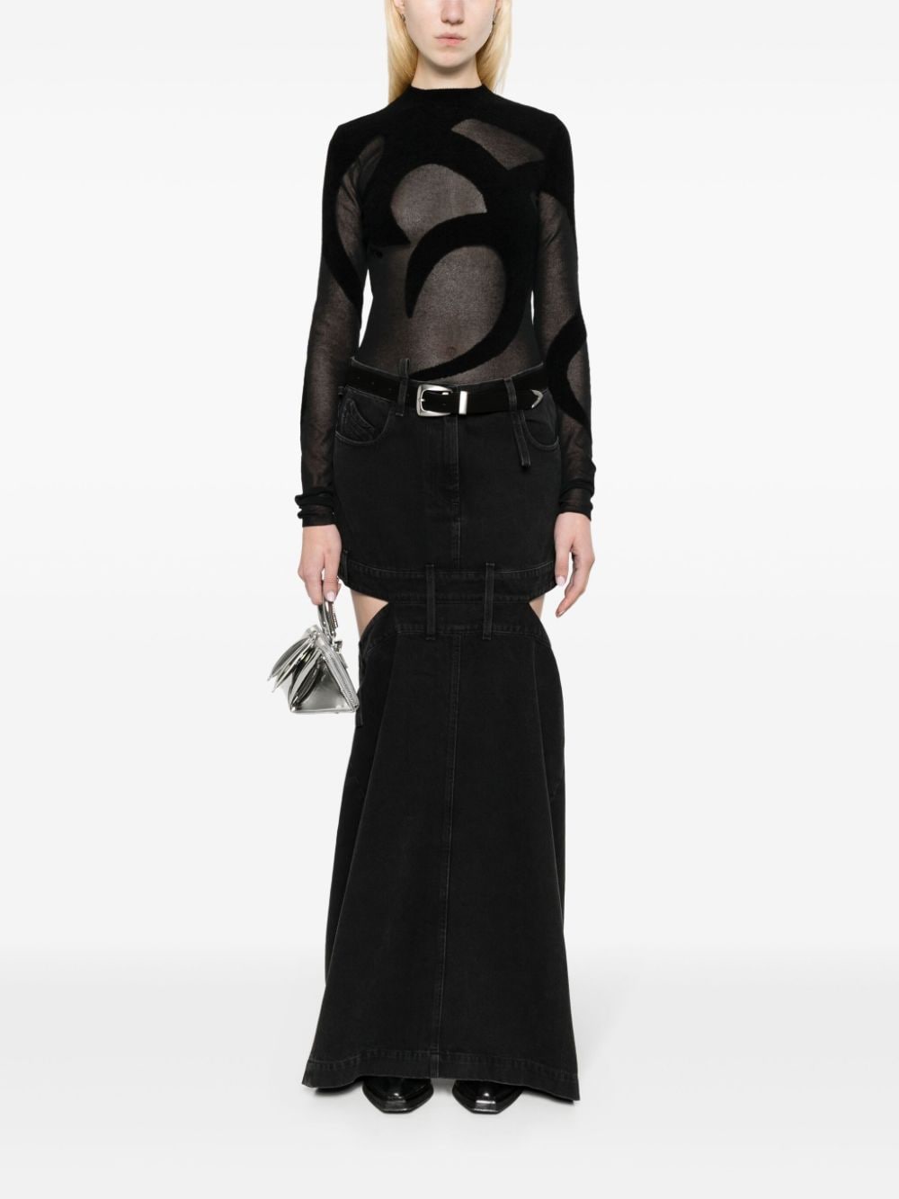 The Attico Cotton Floor-Length Embroidered Cut-Out Skirt Black