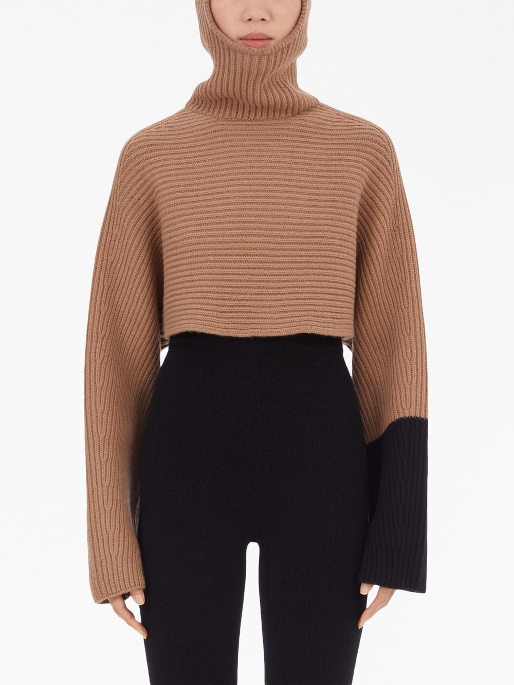 Ferragamo Colour-Block Ribbed Wool-Cashmere Cropped Jumper Beige