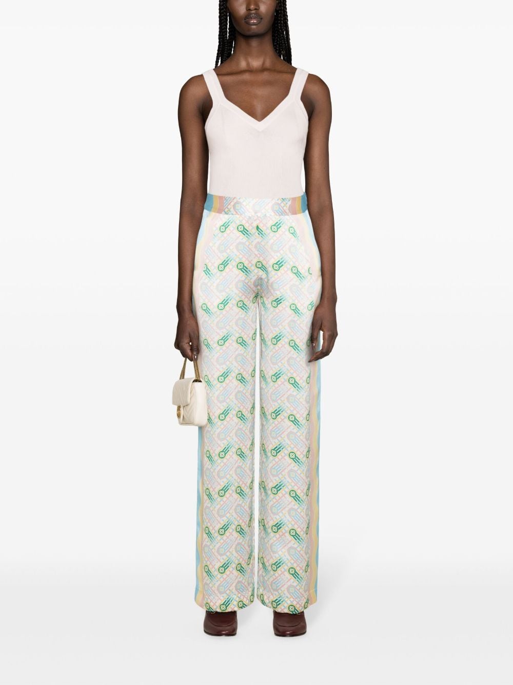 Casablanca High-Waisted Silk Satin Ping Pong Print Trousers Multicolor