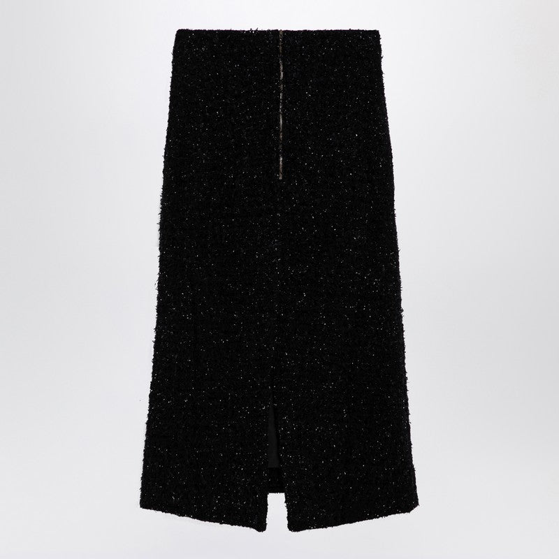 Balenciaga Black Tweed Midi Skirt with Asymmetric Hemline Black