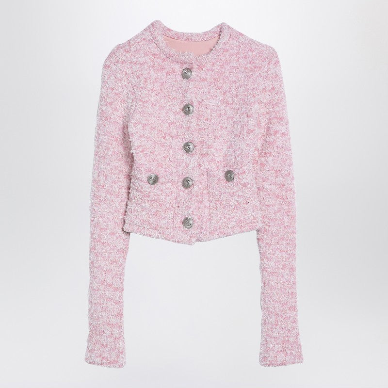 Balenciaga Pink Tweed Cotton Blend Cropped Cardigan with Logo Buttons Pink