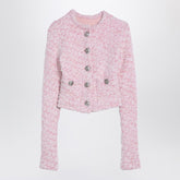 Balenciaga Pink Tweed Cotton Blend Cropped Cardigan with Logo Buttons Pink