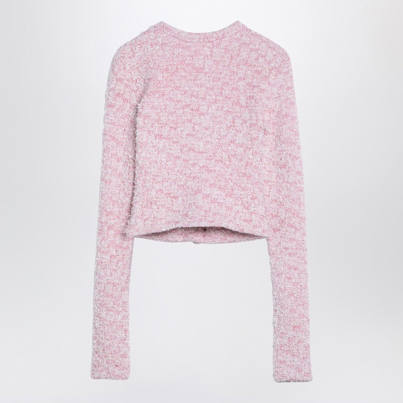Balenciaga Pink Tweed Cotton Blend Cropped Cardigan with Logo Buttons Pink