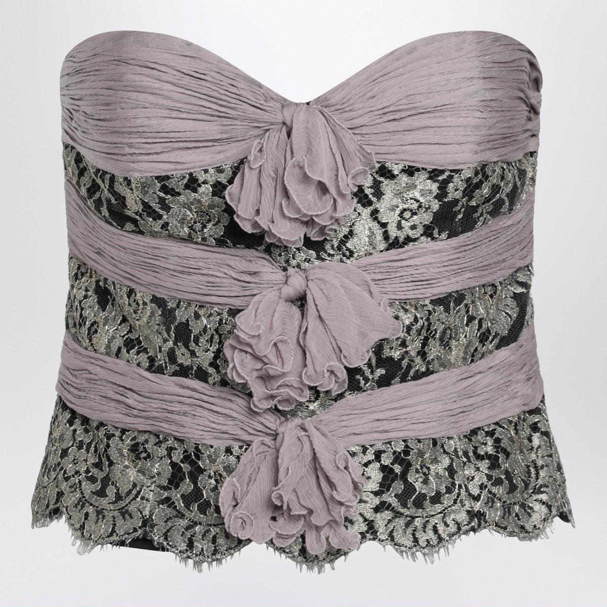 Valentino Grey and Mauve Draped Chiffon Silk Top with Lace Inserts Grey