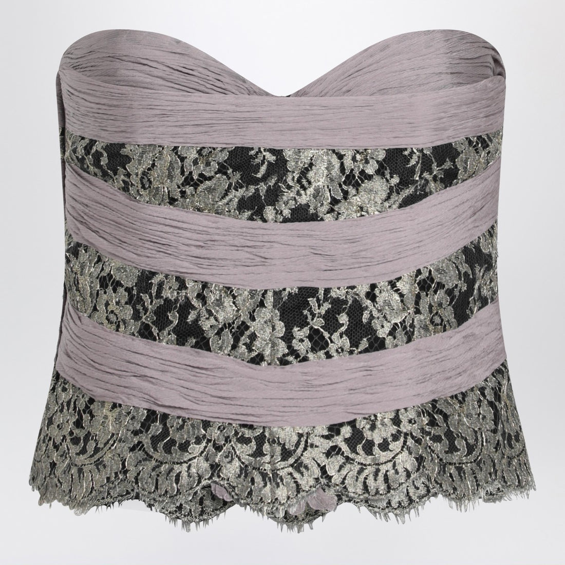 Valentino Grey and Mauve Draped Chiffon Silk Top with Lace Inserts Grey