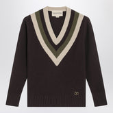 Valentino V-Neck Wool Sweater With Beige & Military Green Details Brown