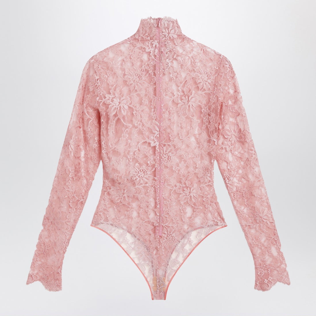 Valentino Peach Pink Floral Lace High Neck Wool Bodysuit Pink