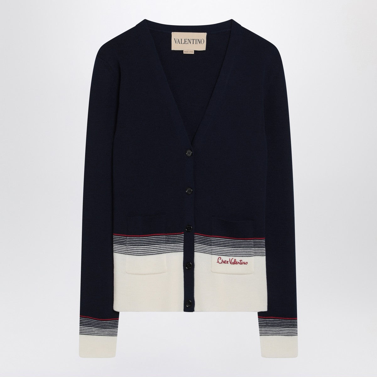 Valentino Embroidered Wool Cardigan with Chez Valentino Detail Navy Blue