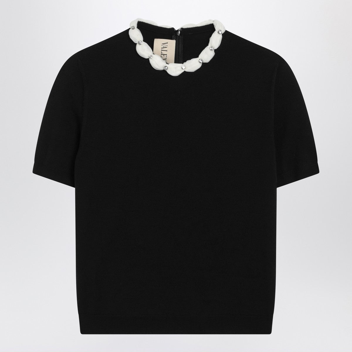 Valentino Black Wool Crewneck Sweater with Crystal Embellishments Black
