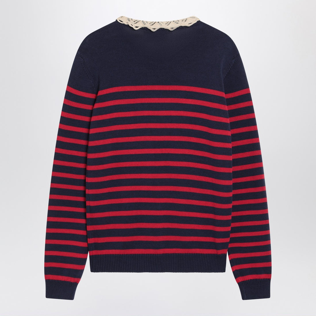 Valentino Blue and Red Striped Wool Sweater with Ruffled Neck Multicolor