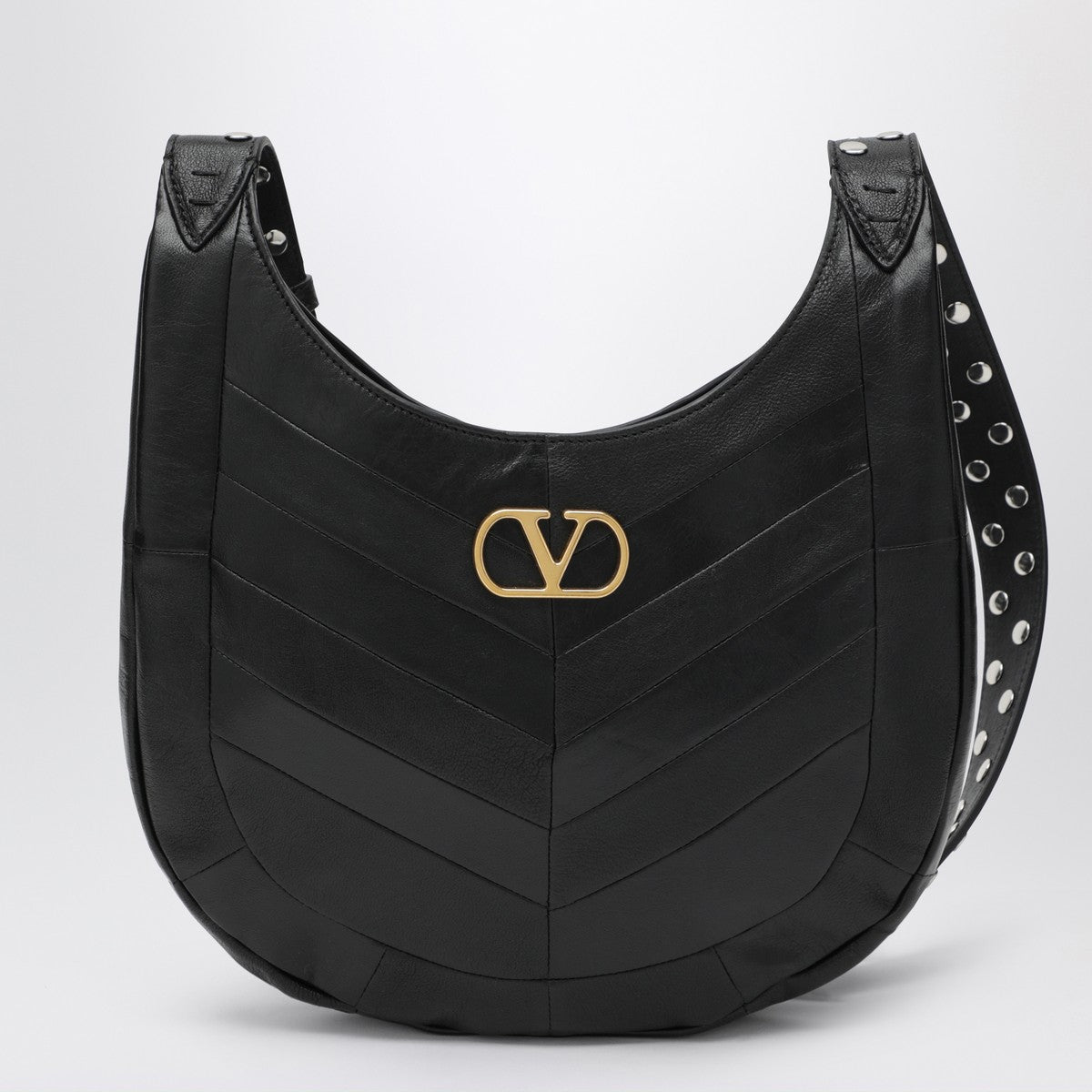Valentino Garavani Small Chevron-Pattern Nappa Hobo Bag Black