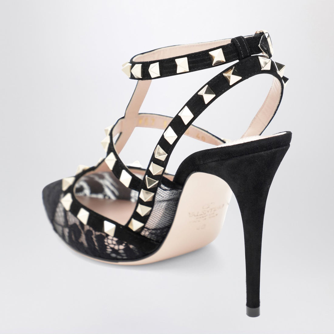 Valentino Garavani High Rockstud Black Lace Pumps with Suede Trim and Ankle Straps Black