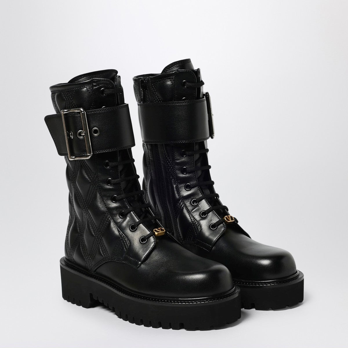 Valentino Garavani Quilted Leather Combat Boots with VLogo Black