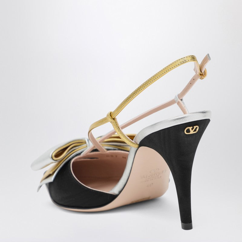 Valentino Garavani Slingback Bow Pumps with Laminated Gold and Silver Bow Black