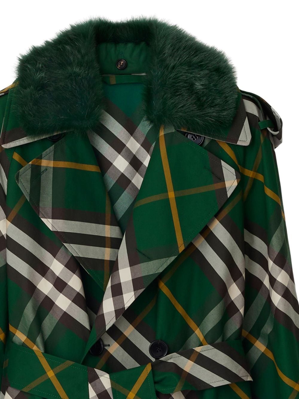 Burberry Check Cotton Shearling Collar Double-Breasted Coat Green